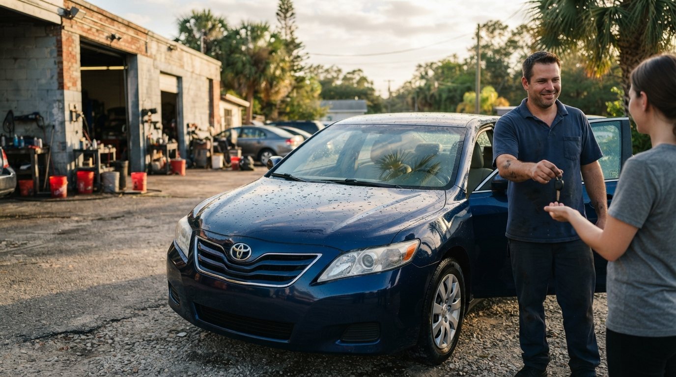 A freshly washed dark sedan sitting nose-out on the shop's lot in late afternoon sun, water still beaded across the hood
