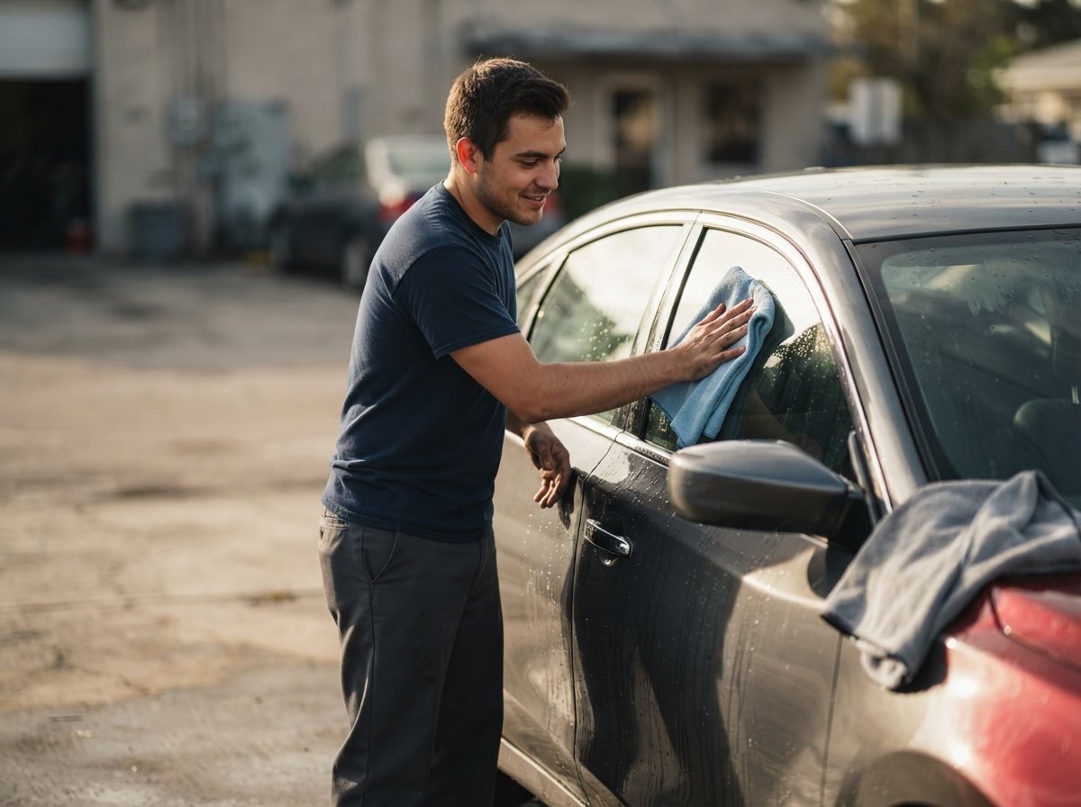 A folded microfiber towel being drawn across the side glass of the same dark sedan, a second folded towel resting